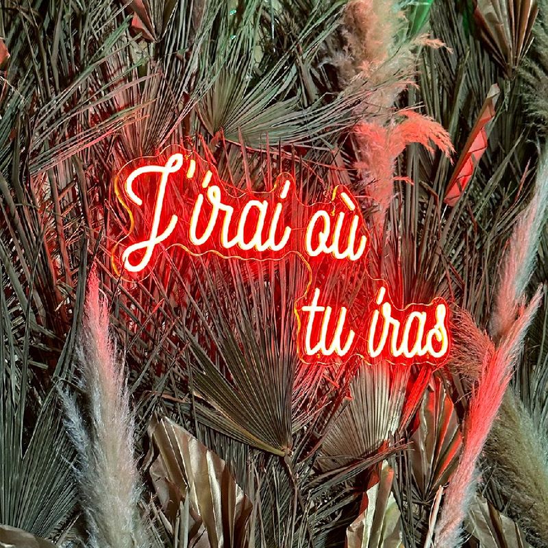 Néon rouge « J’irai où tu iras » devant des herbes de la pampa